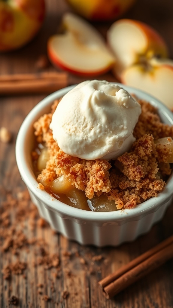 A single-serving apple crumble with ice cream on a rustic wooden table.